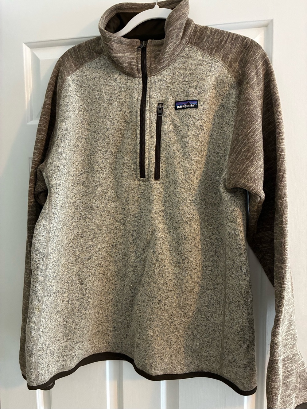 Patagonia Men's Cream Body with Brown Sleeves Half-Zip Fleece